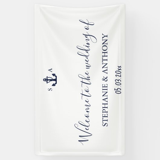 Monogram Nautical Navy Blue Anchor Wedding Spandoek (Verticaal)