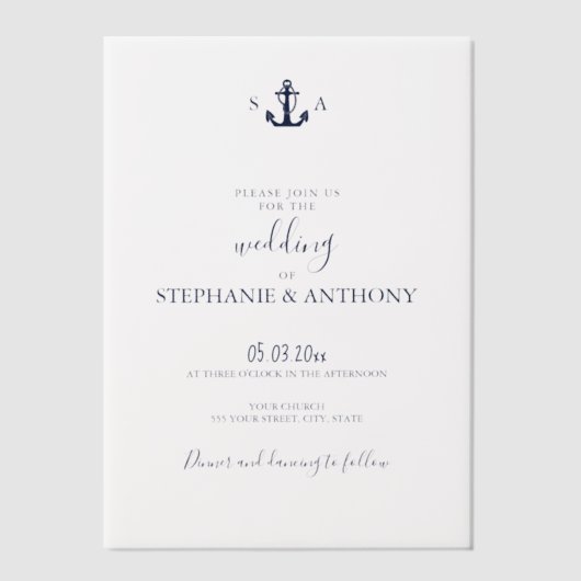 Monogram Nautical Navy Blue Anchor Wedding Vellum Uitnodigingen (Voorkant)