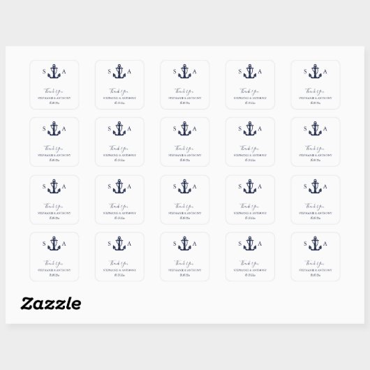 Monogram Nautical Navy Blue Anchor Wedding Vierkante Sticker (Vel)