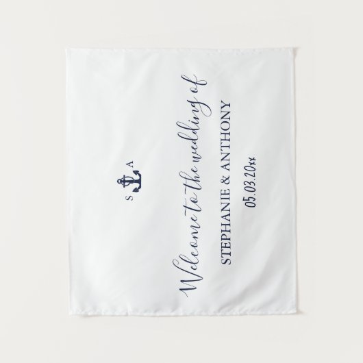 Monogram Nautical Navy Blue Anchor Wedding     Wandkleed (Voorkant)