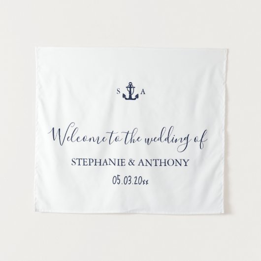 Monogram Nautical Navy Blue Anchor Wedding     Wandkleed (Voorkant (horizontaal))