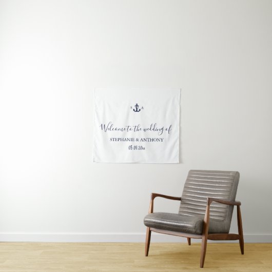Monogram Nautical Navy Blue Anchor Wedding Wandkleed (In Situ (horizontaal))