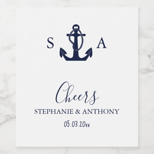 Monogram Nautical Navy Blue Anchor Wedding Wijn Etiket (Enkel label)