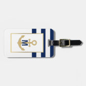 Monogram Nautical Navy Blue Gold Anchor Bagagelabel (Voorkant horizontaal)