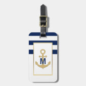 Monogram Nautical Navy Blue Gold Anchor Bagagelabel (Voorkant verticaal)