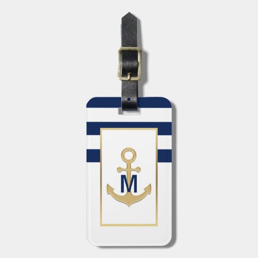 Monogram Nautical Navy Blue Gold Anchor Bagagelabel (Voorkant verticaal)
