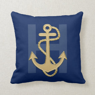 Monogram Nautical Navy Blue Gold Anchor Rope Kussen