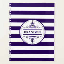 Monogram Nautical Navy Blue Stripes Planner