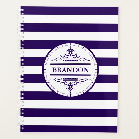 Monogram Nautical Navy Blue Stripes Planner (Voorkant)