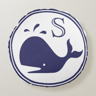Monogram Nautical Navy Blue Whale White kust Rond Kussen