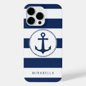 Monogram Nautical Navy Blue White Stripes Anchor iPhone Hoesje (Achterkant)