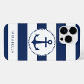 Monogram Nautical Navy Blue White Stripes Anchor iPhone Hoesje (Achterkant horizontaal)