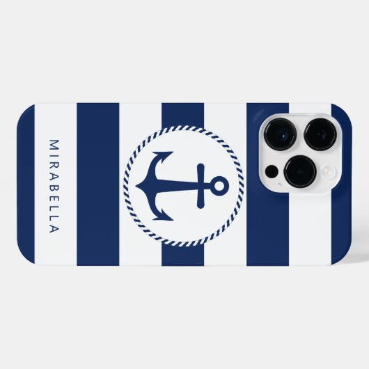 Monogram Nautical Navy Blue White Stripes Anchor iPhone Hoesje (Achterkant horizontaal)