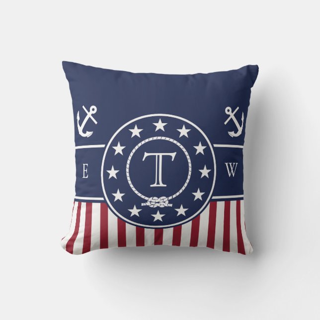 Monogram Nautical Patriotic Blue Anchor and Line Kussen (Voorkant)