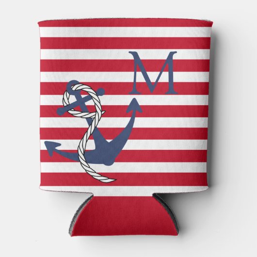 Monogram Nautical Red White Stripe Navy Anchor Blikjeskoeler (Voorkant)