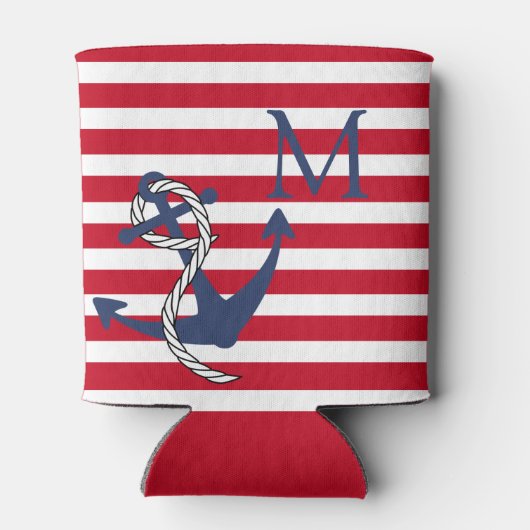 Monogram Nautical Red White Stripe Navy Anchor Blikjeskoeler (Achterkant)