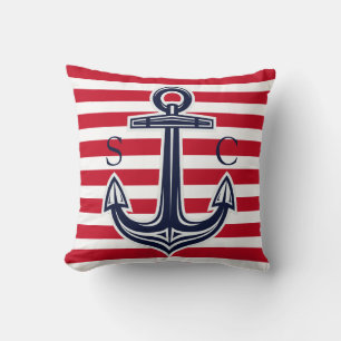 Monogram Nautical Red White Stripe Navy Anchor Kussen
