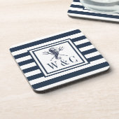 Monogram Nautical Seahorse Navy Blue Stripe Bier Onderzetter (Linkerzijde)