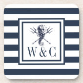 Monogram Nautical Seahorse Navy Blue Stripe Bier Onderzetter (Voorkant)
