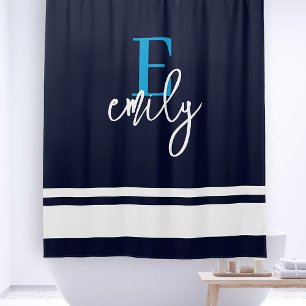Monogram Nautical Stripes Navy Blue White Douchegordijn