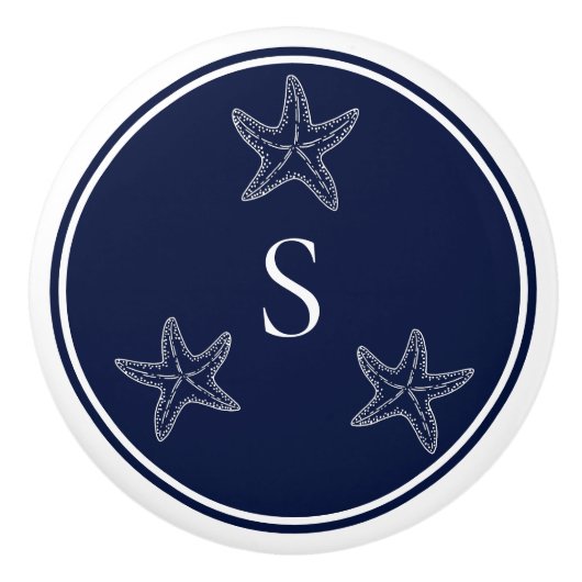 Monogram Nautical White Navy Blue Starfish Beach Keramische Knop (Voorkant)