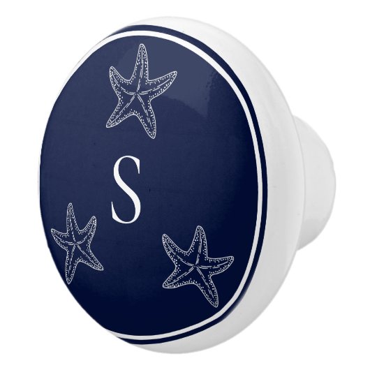 Monogram Nautical White Navy Blue Starfish Beach Keramische Knop (Rechts)
