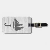 Monogram Nautical White Wood & Grey Sailboat Bagagelabel (Voorkant horizontaal)