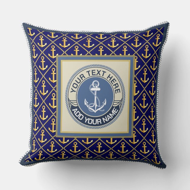 Monogram Nautilus Anker Patroon en Blauw Wit Kussen (Voorkant)