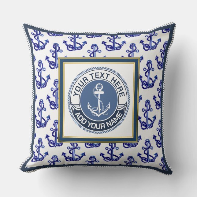 Monogram Nautilus Anker Patroon en Blauw Wit Kussen (Voorkant)