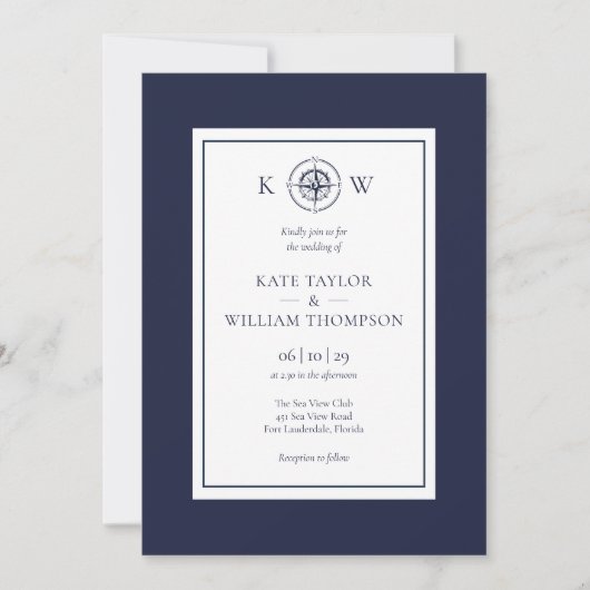 Monogram Nautilus Kompas Navy Blauwe Huwelijk  Kaart (Voorkant)