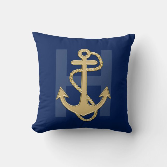 Monogram Nautilus Navy Blauwe Gouden Anker Touw Kussen (Voorkant)