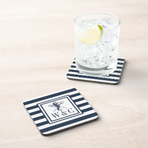 Monogram Nautilus Zeepaardje Navy Blauwe Streep Bier Onderzetter