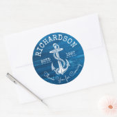 Monogram Nautisch Anker Blauw Gedopt Hout Ronde Sticker (Envelop)
