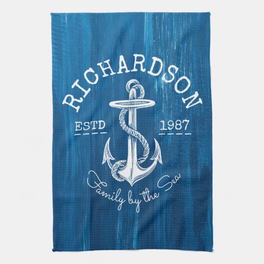 Monogram  Nautisch Anker Blauw Gedopt Hout Theedoek (Verticaal)