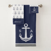 Monogram Nautisch Anker Blauw Wit Kust Bad Handdoek (Insitu)
