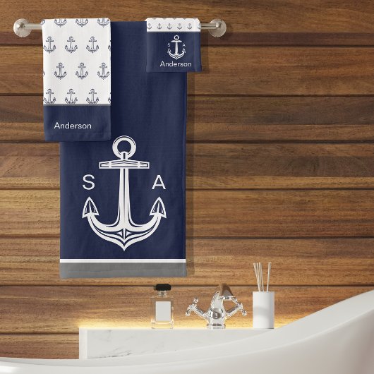 Monogram Nautisch Anker Blauw Wit Kust Bad Handdoek