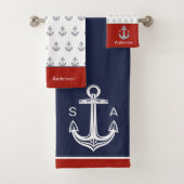 Monogram Nautisch Anker Blauw Wit Rood Kust Bad Handdoek (Insitu)