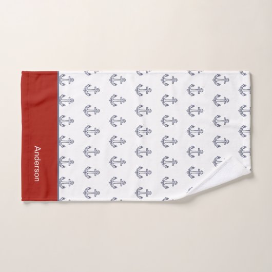 Monogram Nautisch Anker Blauw Wit Rood Kust Bad Handdoek (Handdoek)