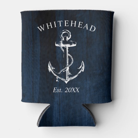 Monogram nautisch anker marineblauw hout blikjeskoeler (Voorkant)