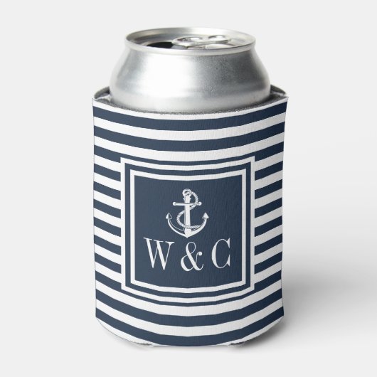 Monogram Nautisch anker marineblauw Stripe Blikjeskoeler (Blikje Voorkant)