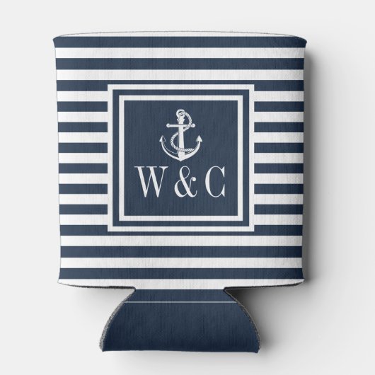 Monogram Nautisch anker marineblauw Stripe Blikjeskoeler (Achterkant)