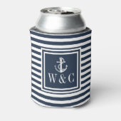 Monogram Nautisch anker marineblauw Stripe Blikjeskoeler (Blikje Achterkant)