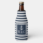Monogram Nautisch anker marineblauw Stripe Flesjeskoeler (Fles Voorkant)