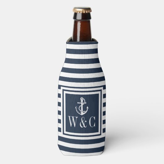 Monogram Nautisch anker marineblauw Stripe Flesjeskoeler (Fles Voorkant)