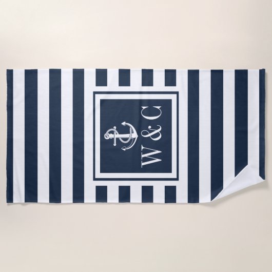 Monogram Nautisch anker marineblauw Stripe Strandlaken (Voorkant)