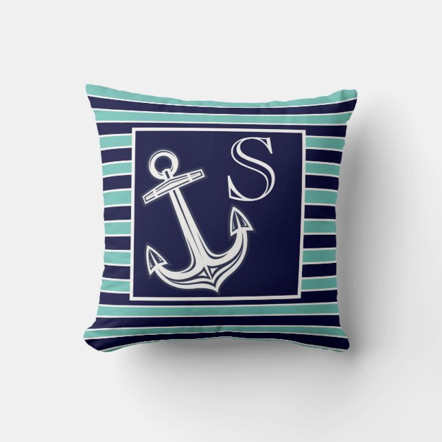 Monogram Nautisch Anker Navy Blauw Blauwgroen stre Kussen (Voorkant)