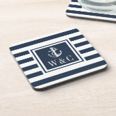 Monogram Nautisch Anker Navyblauw Streep Bier Onderzetter (Linkerzijde)