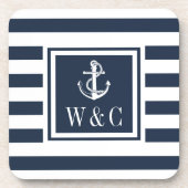 Monogram Nautisch Anker Navyblauw Streep Bier Onderzetter (Voorkant)