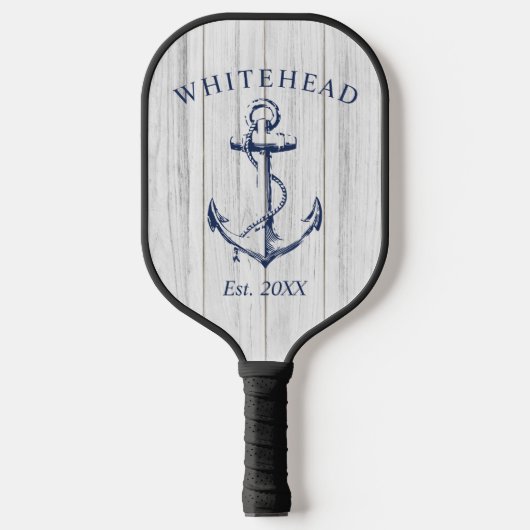 Monogram nautisch anker wit hout pickleball paddle (Voorkant)