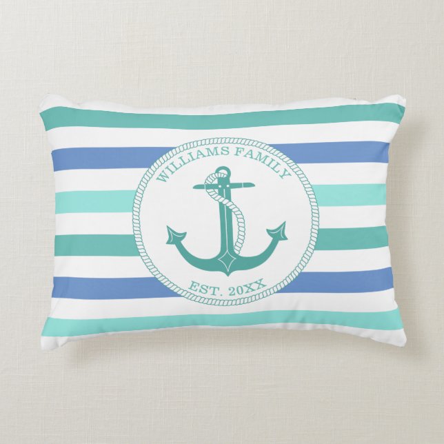 Monogram Nautisch monogram voor seafoam Stripe fam Accent Kussen (Voorkant)